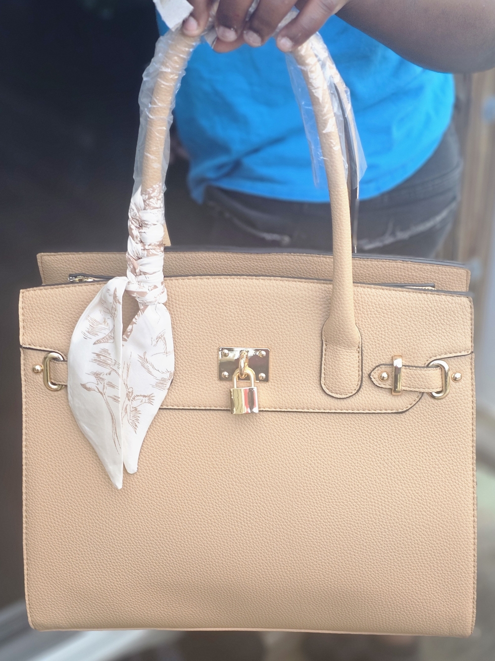 3Structured Beige Tote Handbag with Scarf Accent